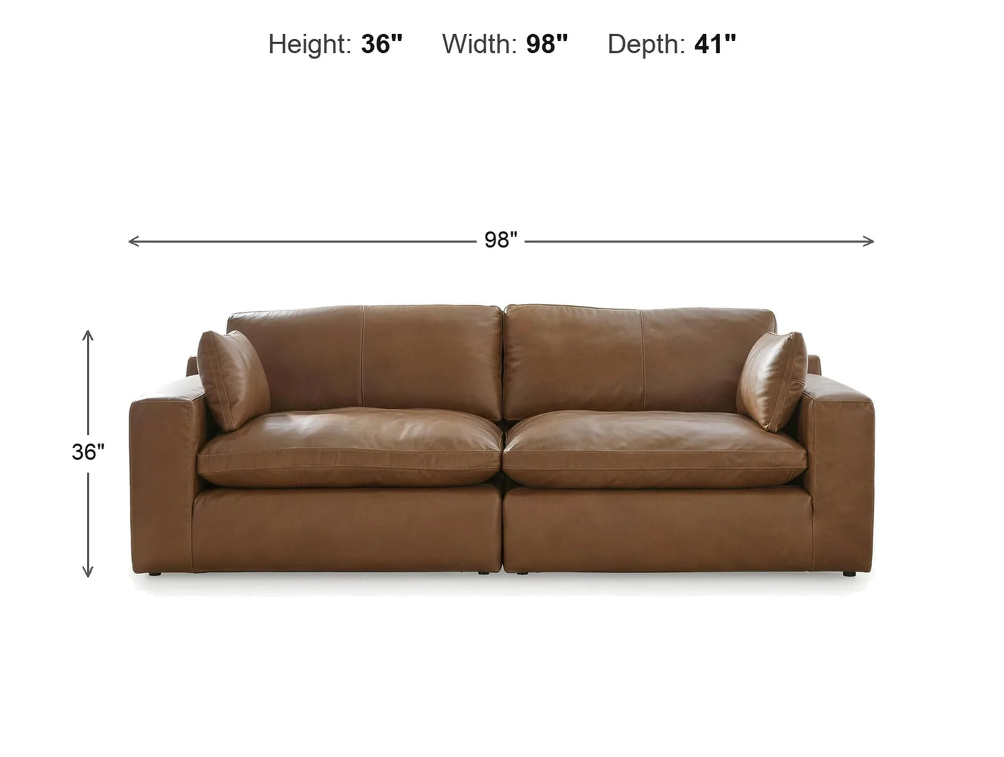 Emilia 2-Piece Loveseat dimensions: 98 inches wide, 41 inches deep, 36 inches high