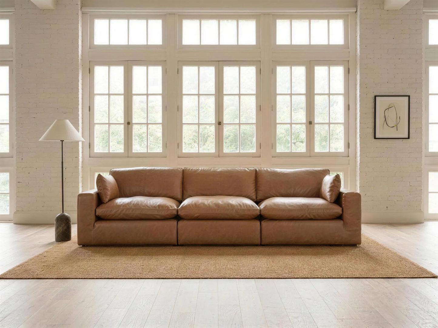 Emilia 3-Piece Sofa in caramel top-grain leather, styled in a living room