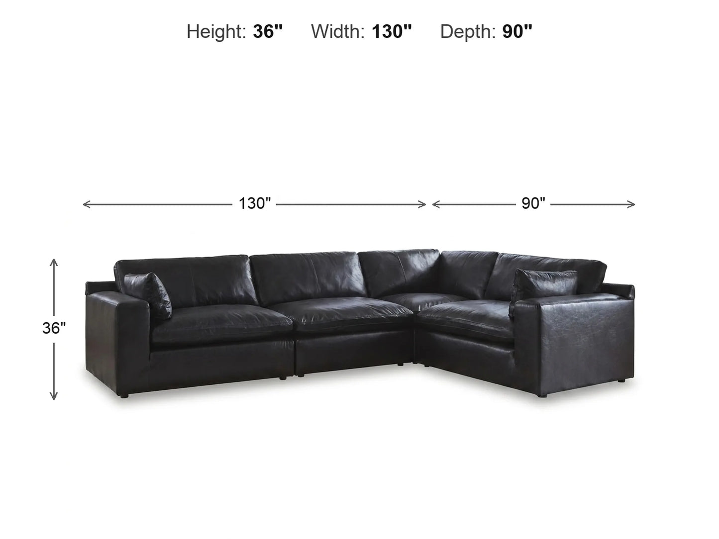 Emilia 4-Piece L-Shape Sectional dimensions: 130 inches wide, 90 inches deep, 36 inches high