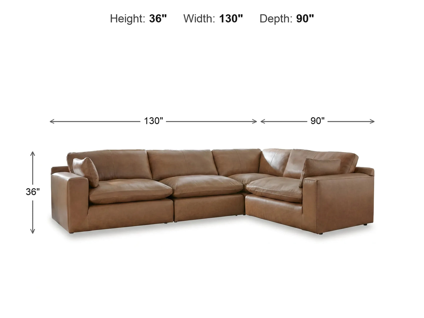 Emilia 4-Piece L-Shape Sectional dimensions: 130 inches wide, 90 inches deep, 36 inches high