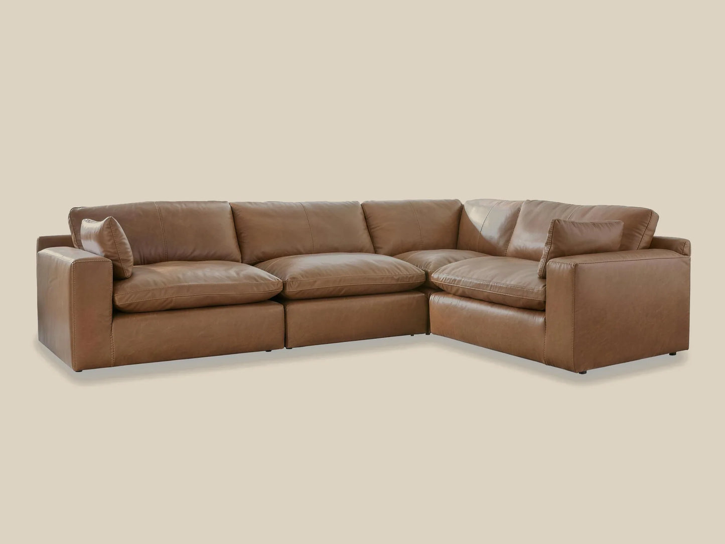 Emilia 4-Piece L-Shape Leather Modular Sectional in caramel top-grain leather