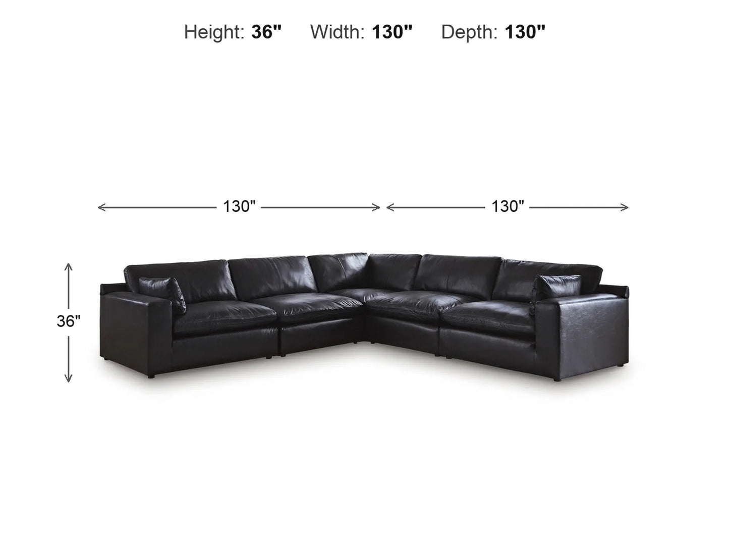 Emilia 5-Piece L-Shape Sectional dimensions: 130 inches wide, 130 inches deep, 36 inches high