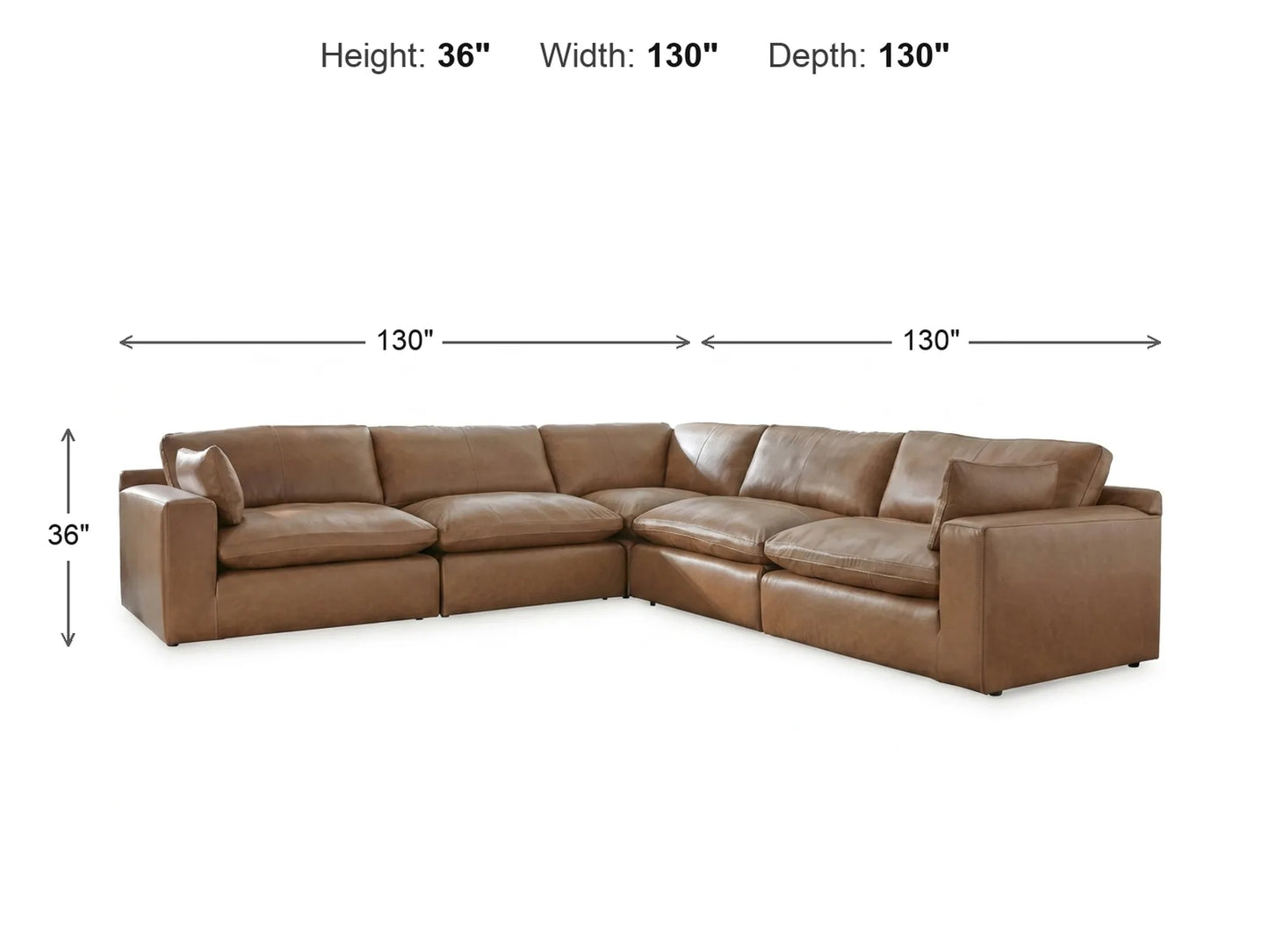 Emilia 5-Piece L-Shape Sectional dimensions: 130 inches wide, 130 inches deep, 36 inches high