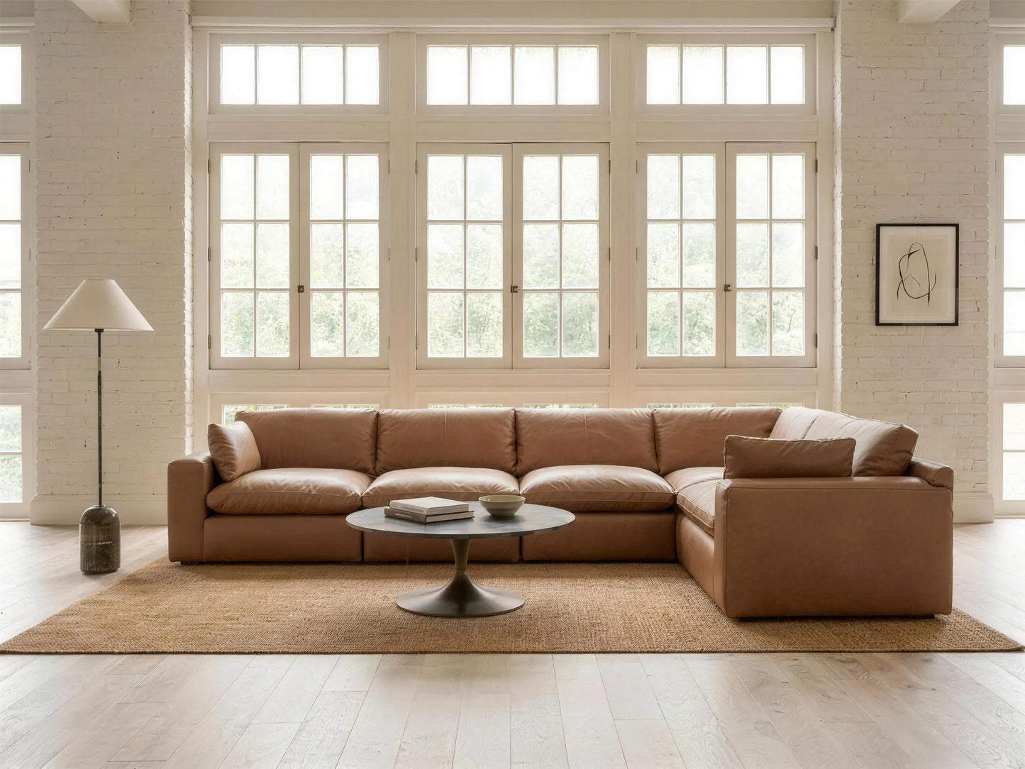 Emilia 5-Piece L-Shape Sectional in caramel top-grain leather, styled in a living room