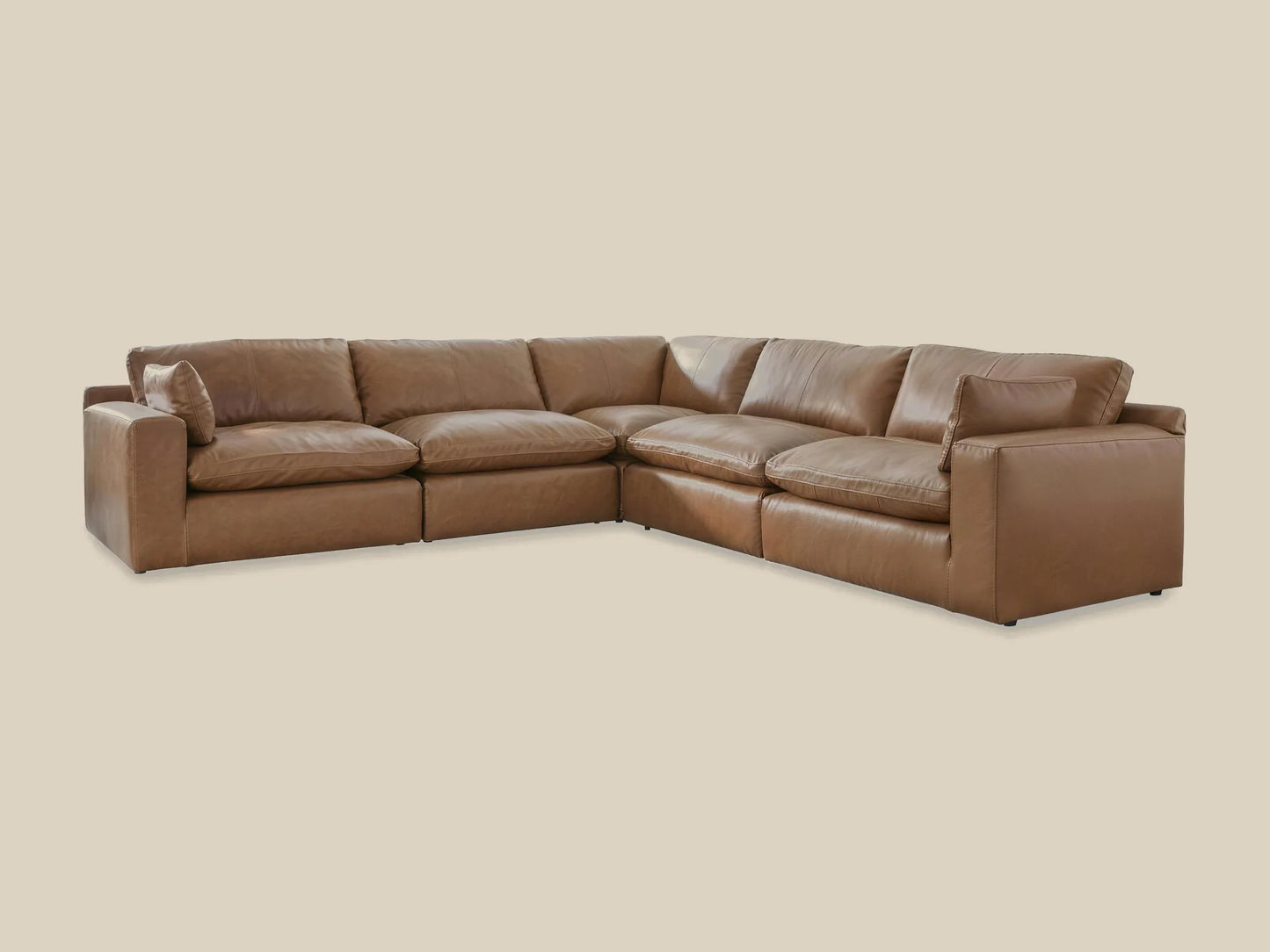 Emilia 5-Piece L-Shape Leather Modular Sectional in caramel top-grain leather