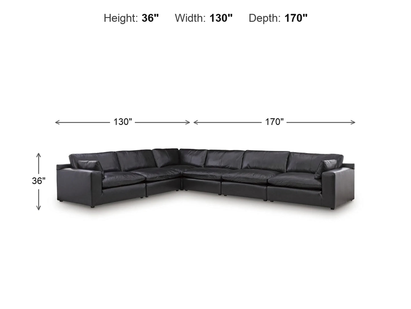 Emilia 6-Piece L-Shape Sectional dimensions: 130 inches wide, 170 inches deep, 36 inches high
