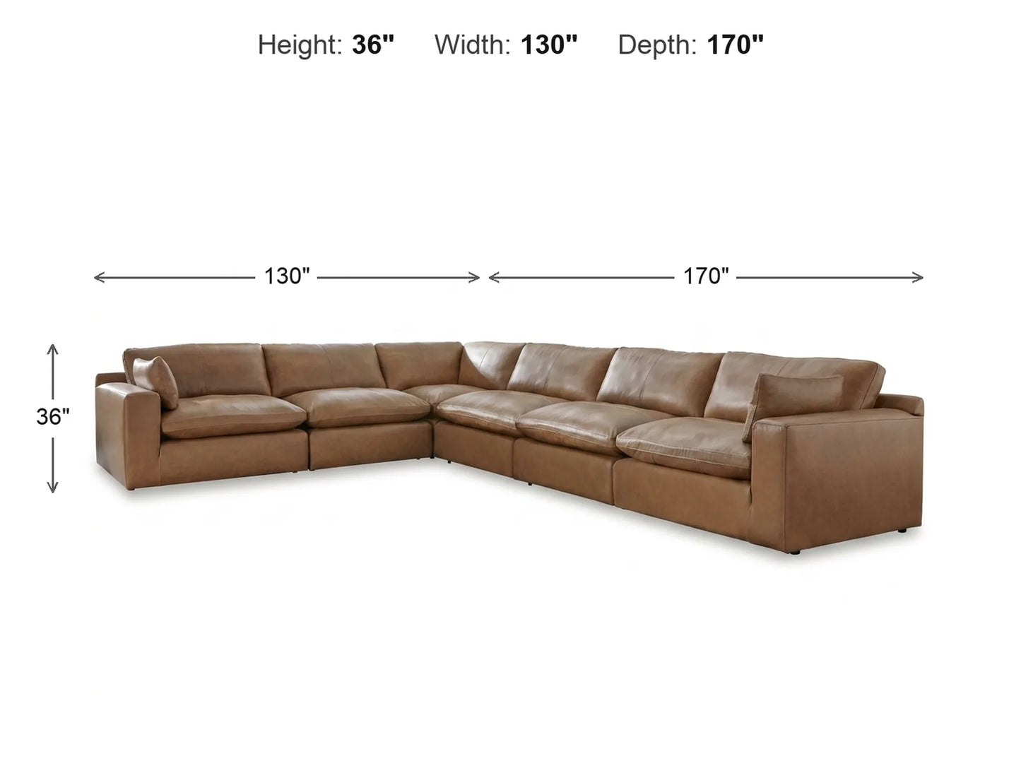 Emilia 6-Piece L-Shape Sectional dimensions: 130 inches wide, 170 inches deep, 36 inches high
