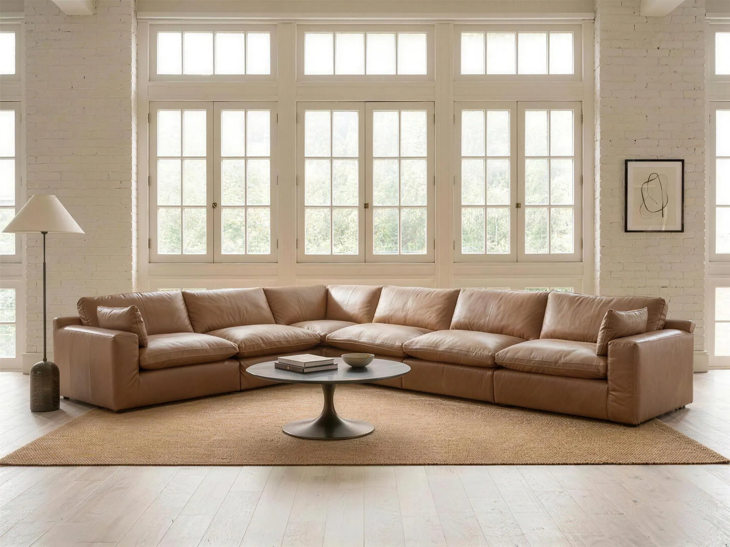 Emilia 6-Piece L-Shape Sectional in caramel top-grain leather, styled in a living room