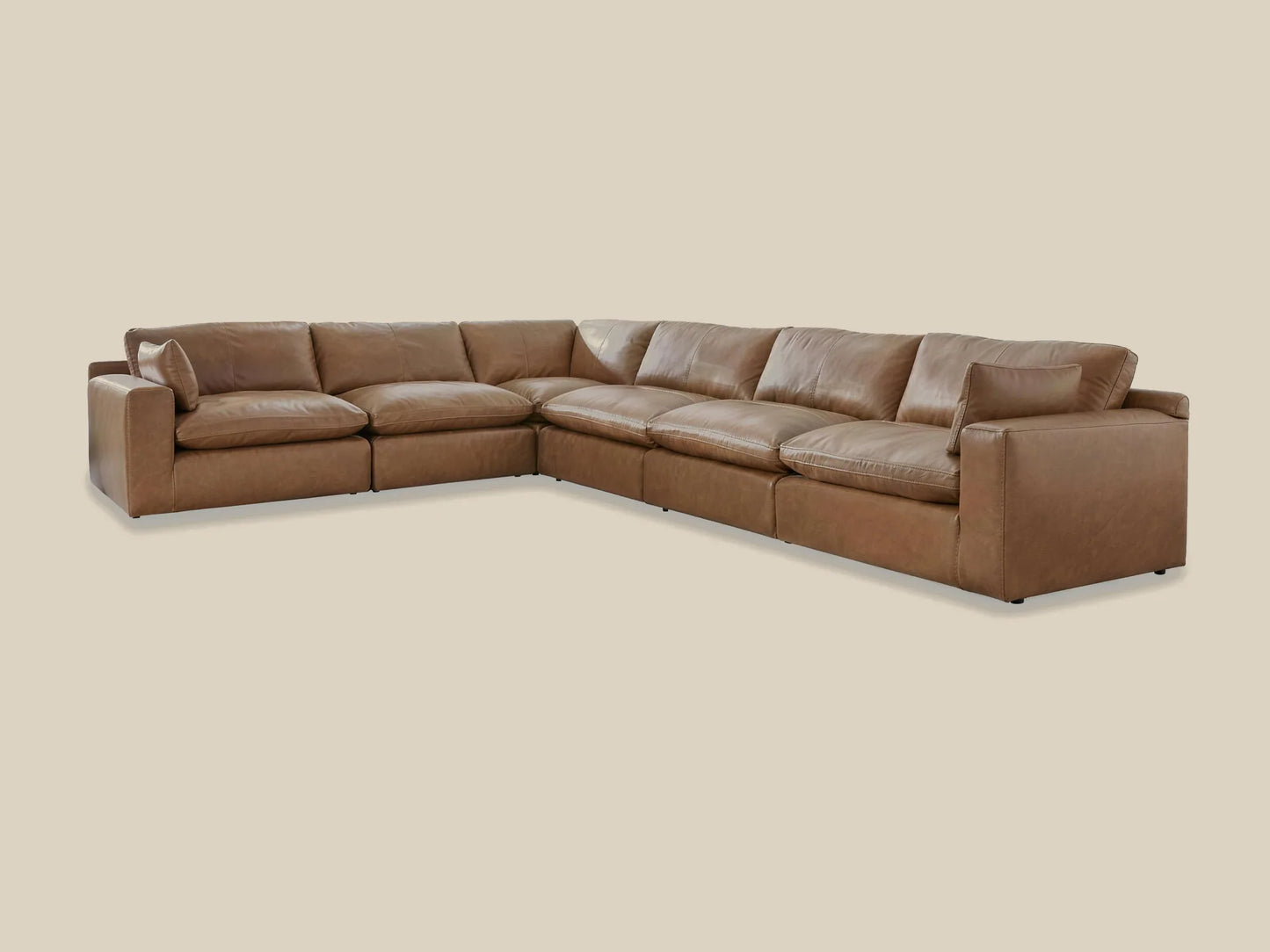 Emilia 6-Piece L-Shape Leather Modular Sectional in caramel top-grain leather
