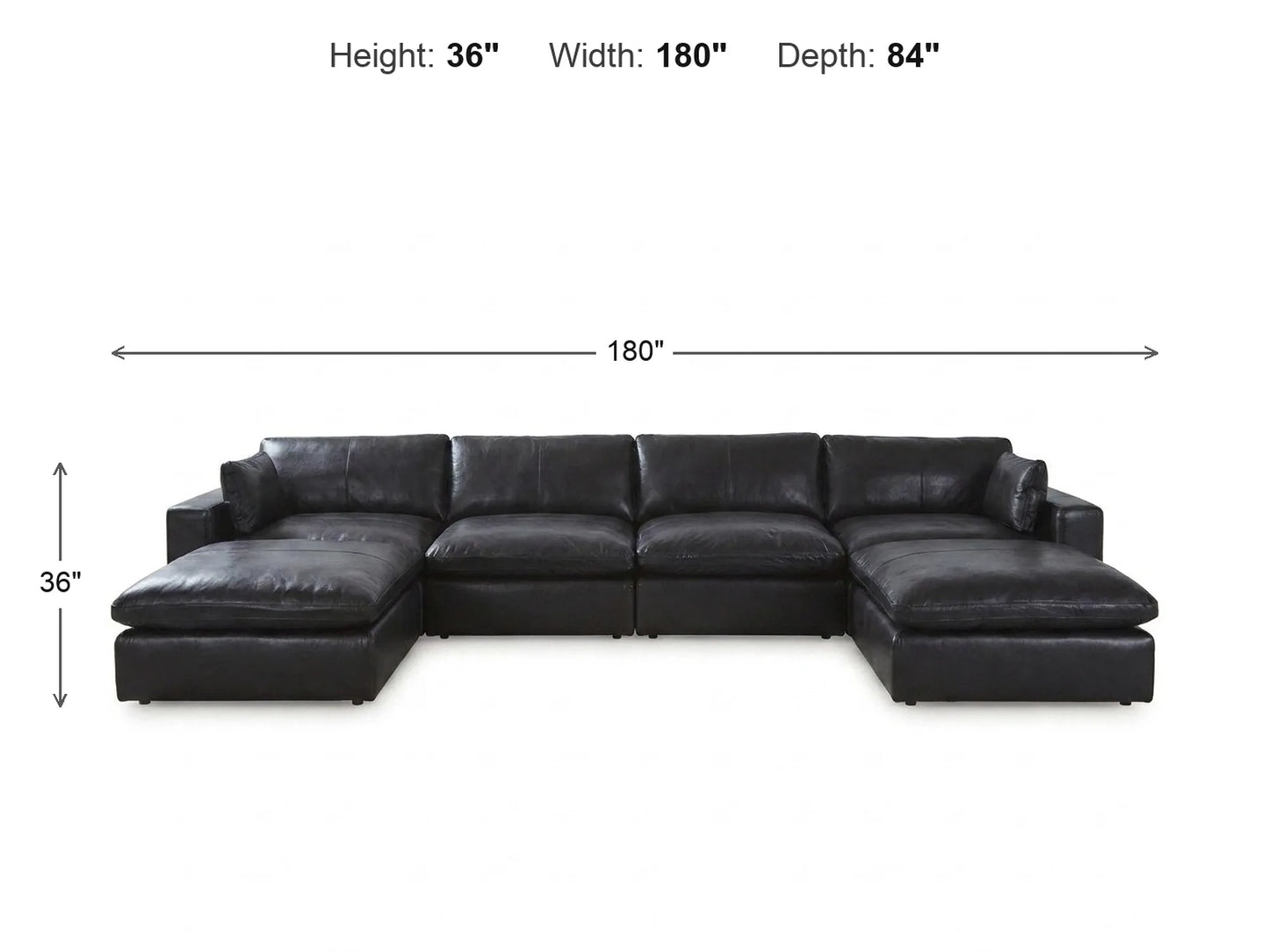 Emilia 6-Piece U-Shape Sectional dimensions: 180 inches wide, 84 inches deep, 36 inches high