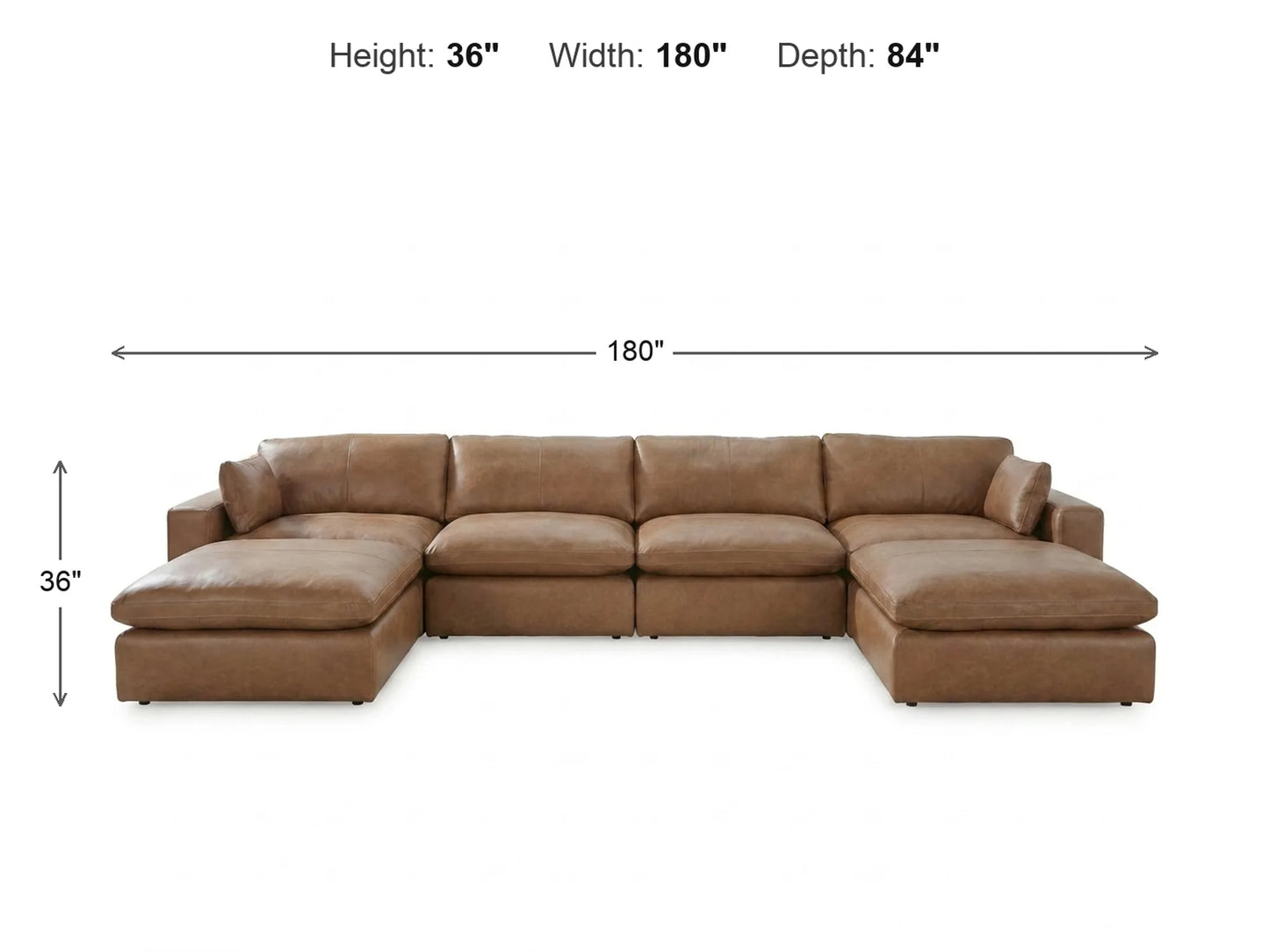 Emilia 6-Piece U-Shape Sectional dimensions: 180 inches wide, 84 inches deep, 36 inches high