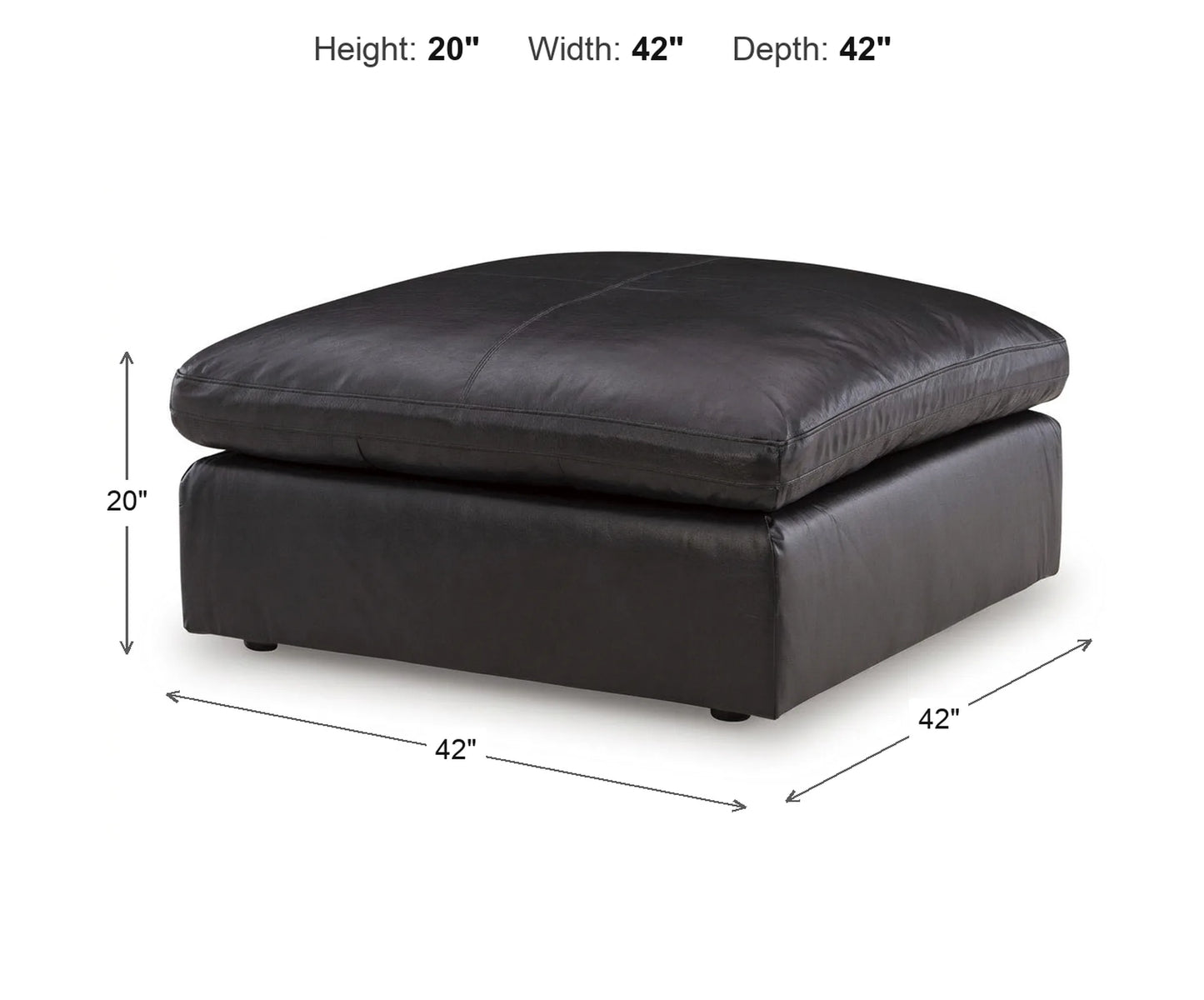 Emilia Leather Ottoman dimensions: 42 inches wide, 42 inches deep, 20 inches high