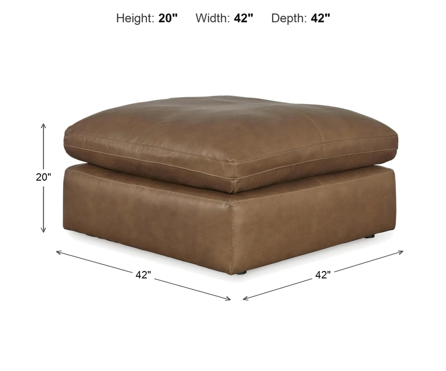 Emilia Leather Ottoman dimensions: 42 inches wide, 42 inches deep, 20 inches high