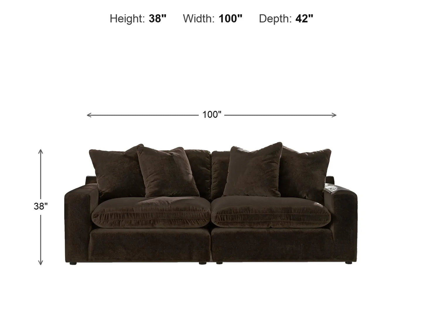 Rowan 2-Piece Velvet Modular Loveseat dimensions: 100 in W x 42 in D x 38 in H