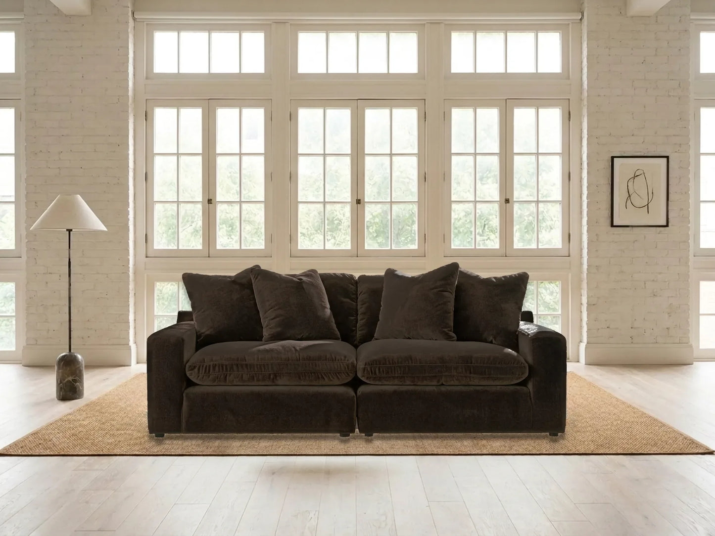 Rowan 2-Piece Velvet Modular Loveseat in Espresso in a living room