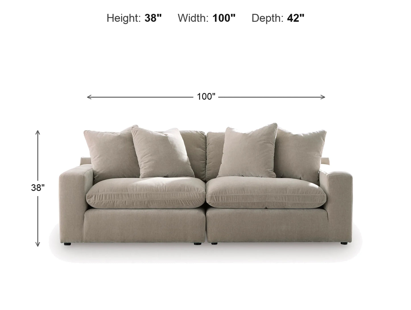 Rowan 2-Piece Velvet Modular Loveseat dimensions: 100 in W x 42 in D x 38 in H