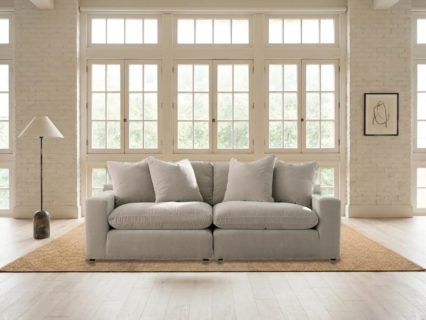 Rowan 2-Piece Velvet Modular Loveseat in Oatmeal in a living room
