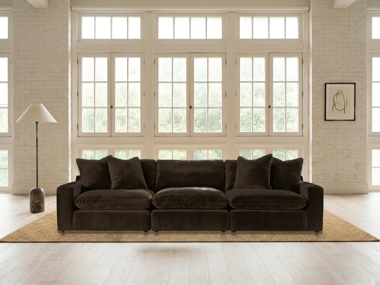 Rowan 3-Piece Velvet Modular Sofa in Espresso in a living room