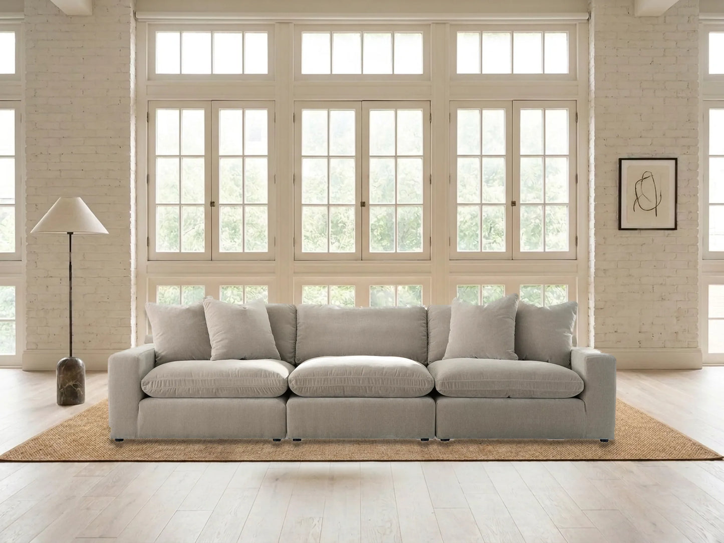 Rowan 3-Piece Velvet Modular Sofa in Oatmeal in a living room