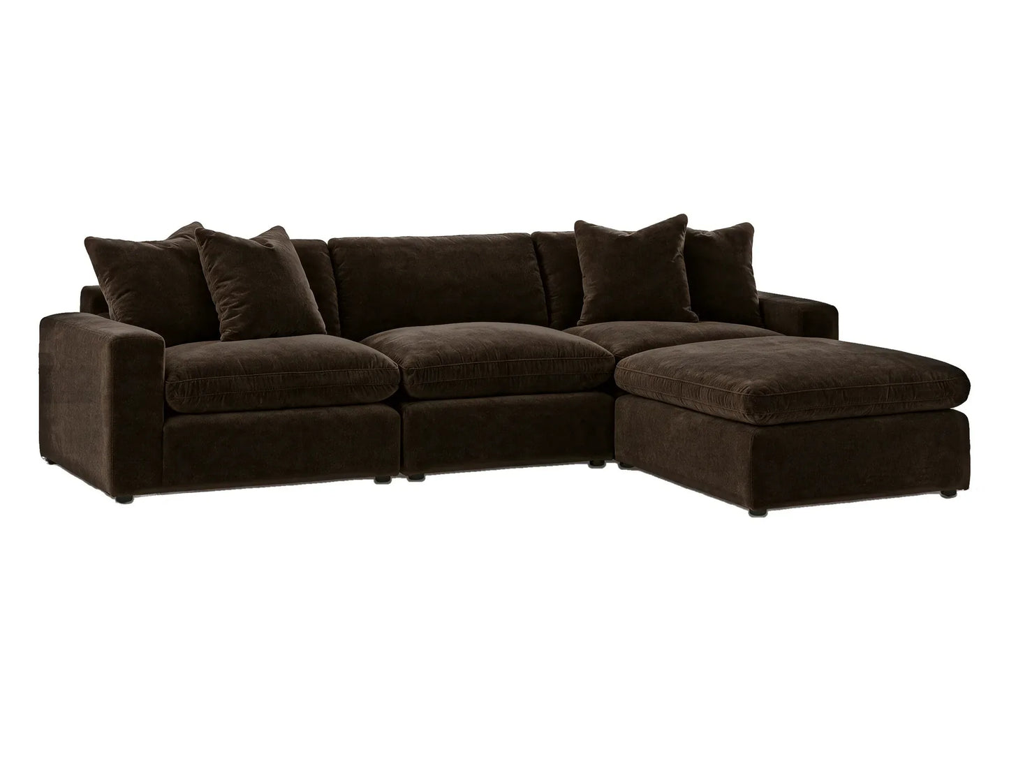 Rowan 4-Piece L-Shape Velvet Modular Sectional with Oversized Ottoman in Espresso, angled view from the left on white