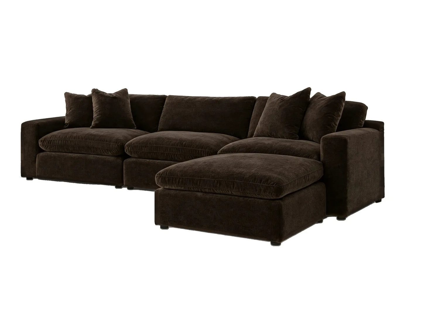 Rowan 4-Piece L-Shape Velvet Modular Sectional with Oversized Ottoman in Espresso, angled view from the right on white
