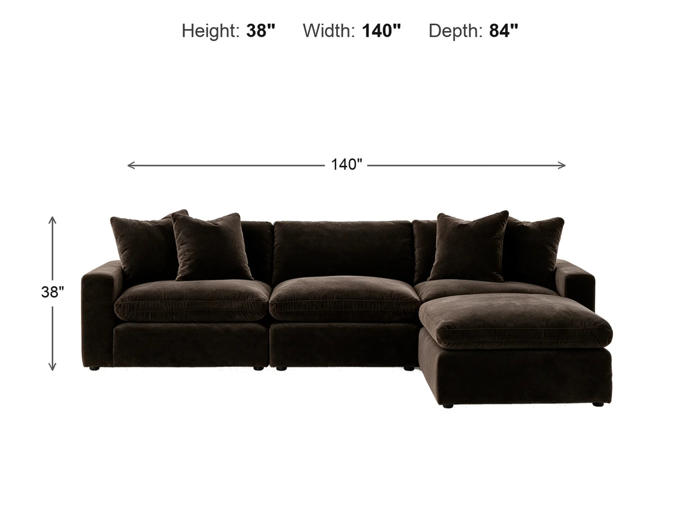 Rowan 4-Piece L-Shape Velvet Modular Sectional with Oversized Ottoman dimensions: 140 in W x 84 in D x 38 in H