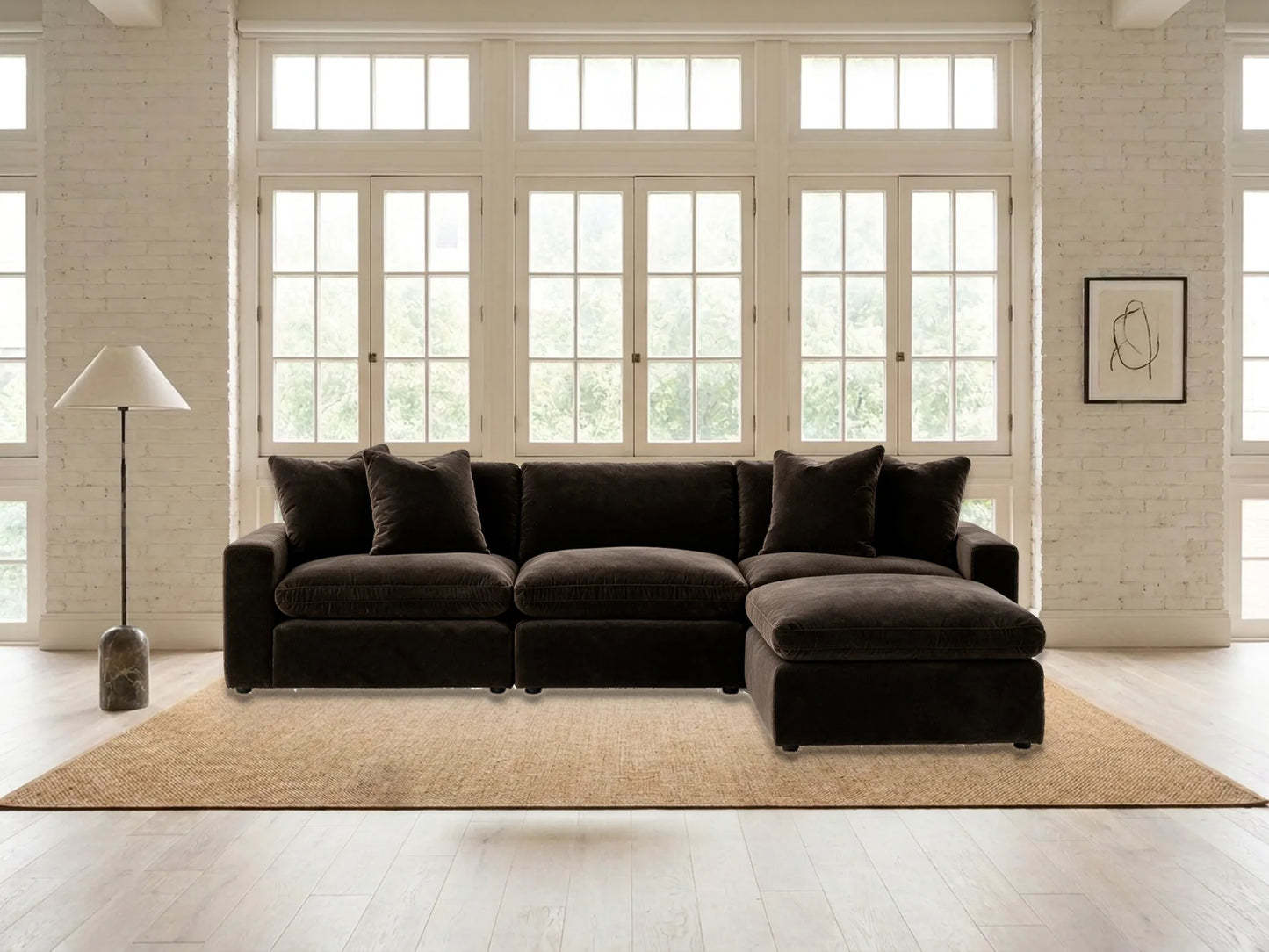 Rowan 4-Piece L-Shape Velvet Modular Sectional with Oversized Ottoman in Espresso in a living room