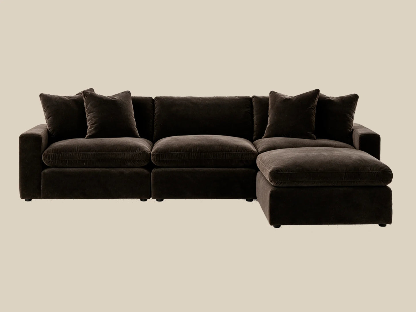 Rowan 4-Piece L-Shape Velvet Modular Sectional with Oversized Ottoman in Espresso, front view