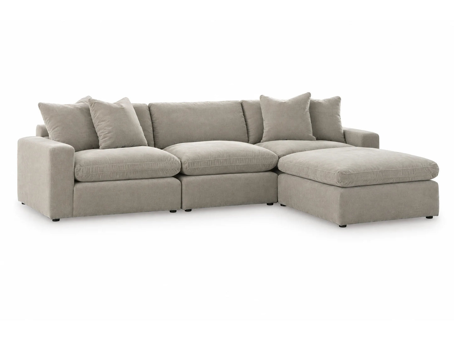 Rowan 4-Piece L-Shape Velvet Modular Sectional with Oversized Ottoman in Oatmeal, angled view from the left on white
