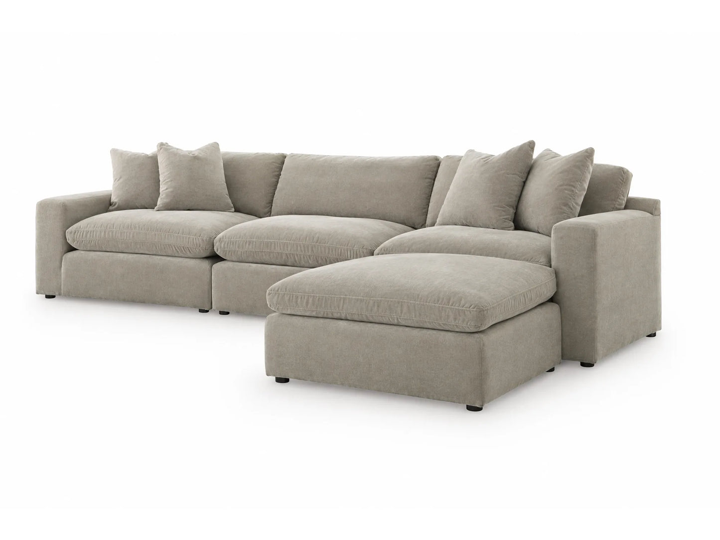 Rowan 4-Piece L-Shape Velvet Modular Sectional with Oversized Ottoman in Oatmeal, angled view from the right on white
