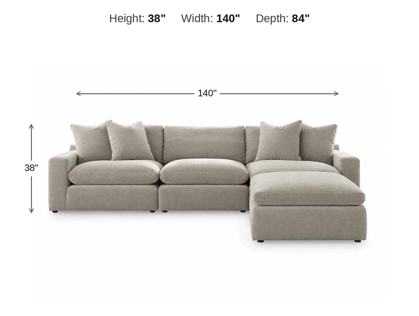 Rowan 4-Piece L-Shape Velvet Modular Sectional with Oversized Ottoman dimensions: 140 in W x 84 in D x 38 in H