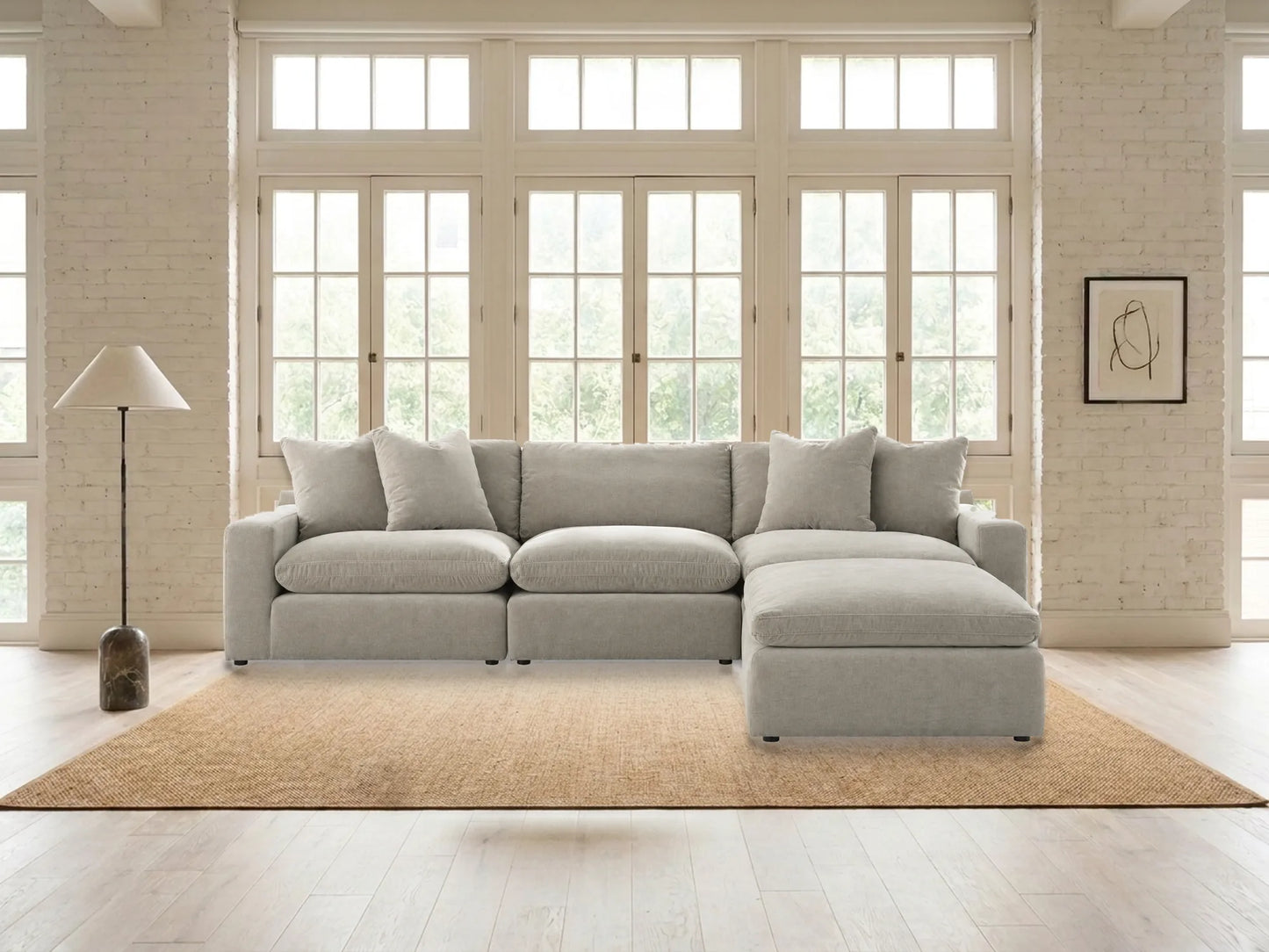 Rowan 4-Piece L-Shape Velvet Modular Sectional with Oversized Ottoman in Oatmeal in a living room