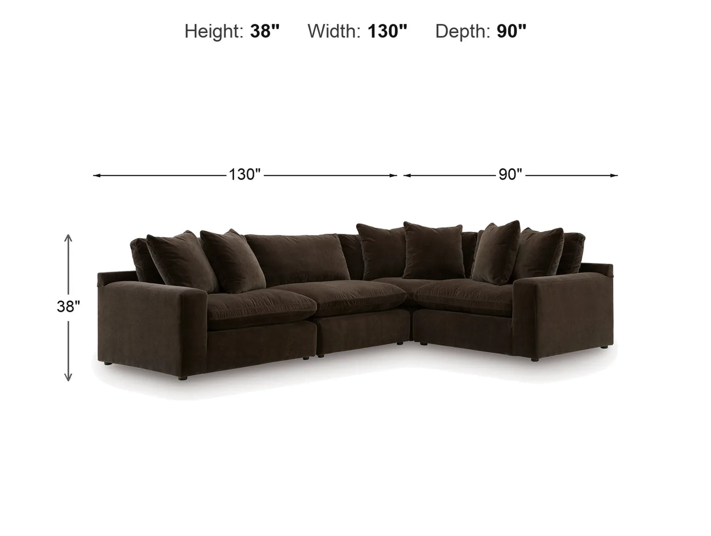 Rowan 4-Piece L-Shape Velvet Modular Sectional dimensions: 130 in W x 90 in D x 38 in H