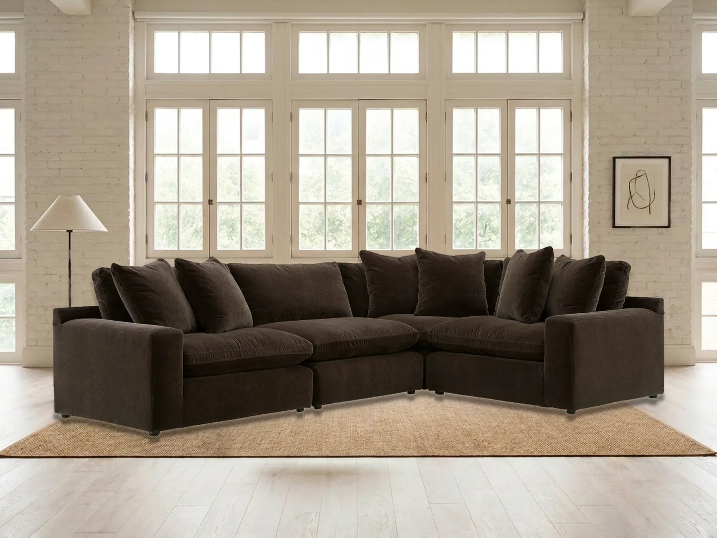 Rowan 4-Piece L-Shape Velvet Modular Sectional in Espresso in a living room