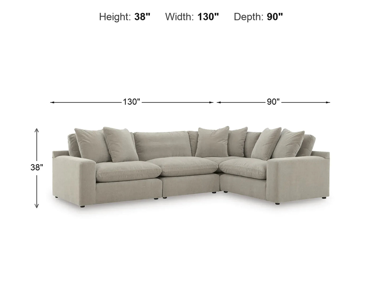 Rowan 4-Piece L-Shape Velvet Modular Sectional dimensions: 130 in W x 90 in D x 38 in H