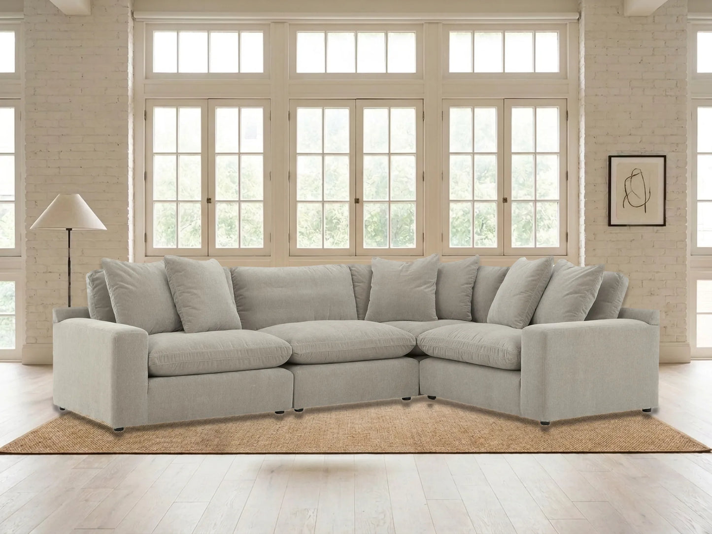 Rowan 4-Piece L-Shape Velvet Modular Sectional in Oatmeal in a living room