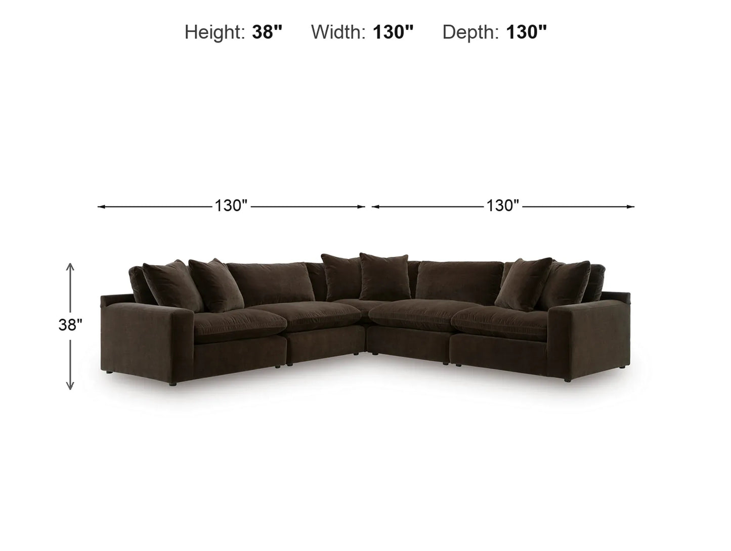 Rowan 5-Piece L-Shape Velvet Modular Sectional dimensions: 130 in W x 130 in D x 38 in H