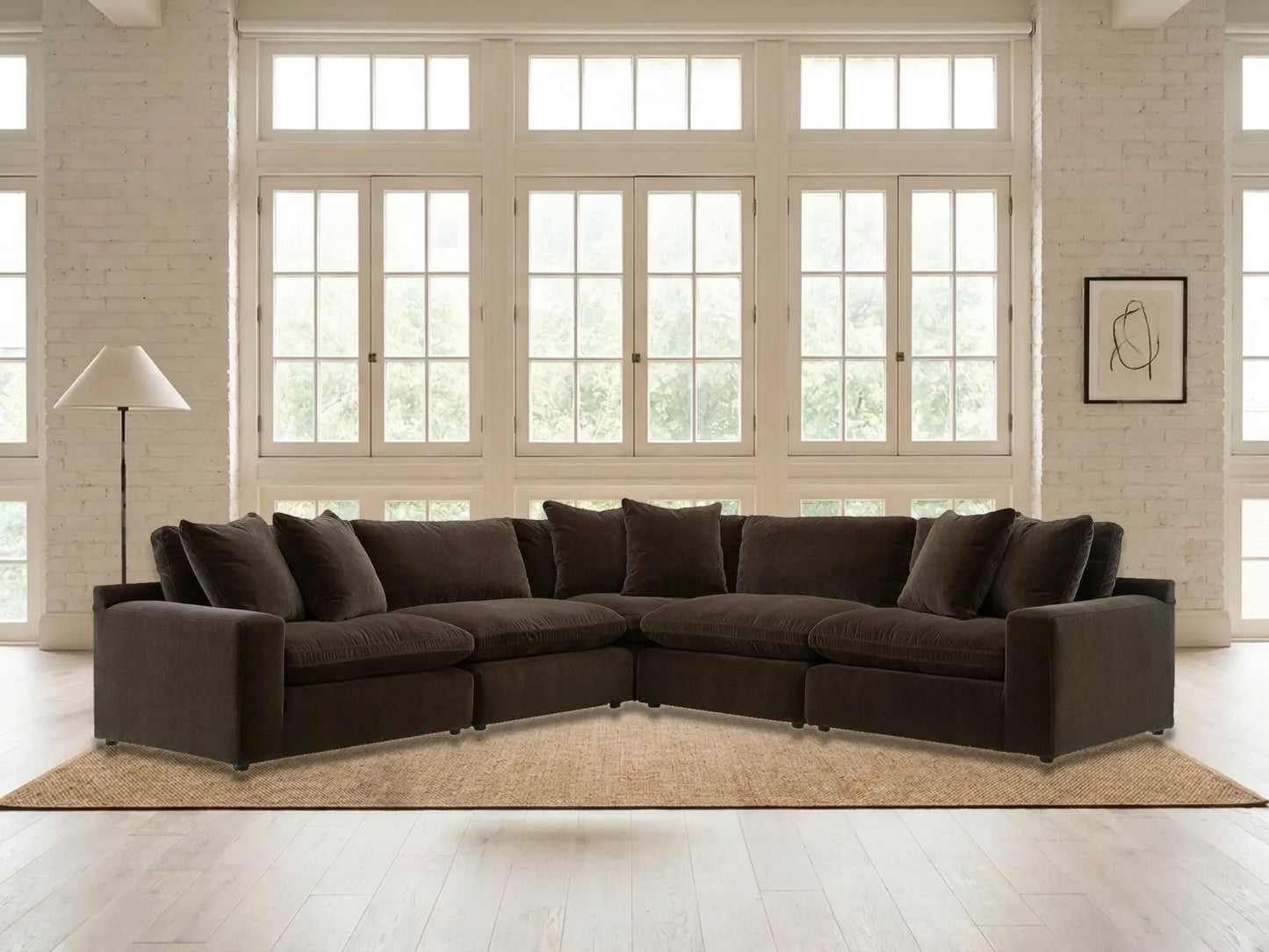 Rowan 5-Piece L-Shape Velvet Modular Sectional in Espresso in a living room