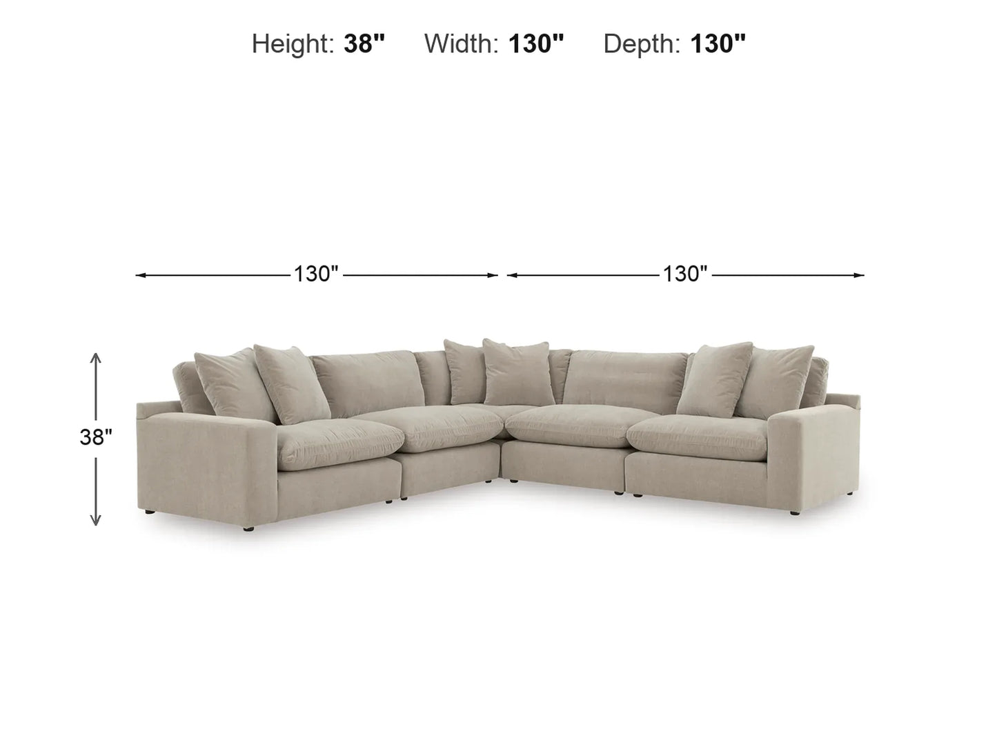 Rowan 5-Piece L-Shape Velvet Modular Sectional dimensions: 130 in W x 130 in D x 38 in H