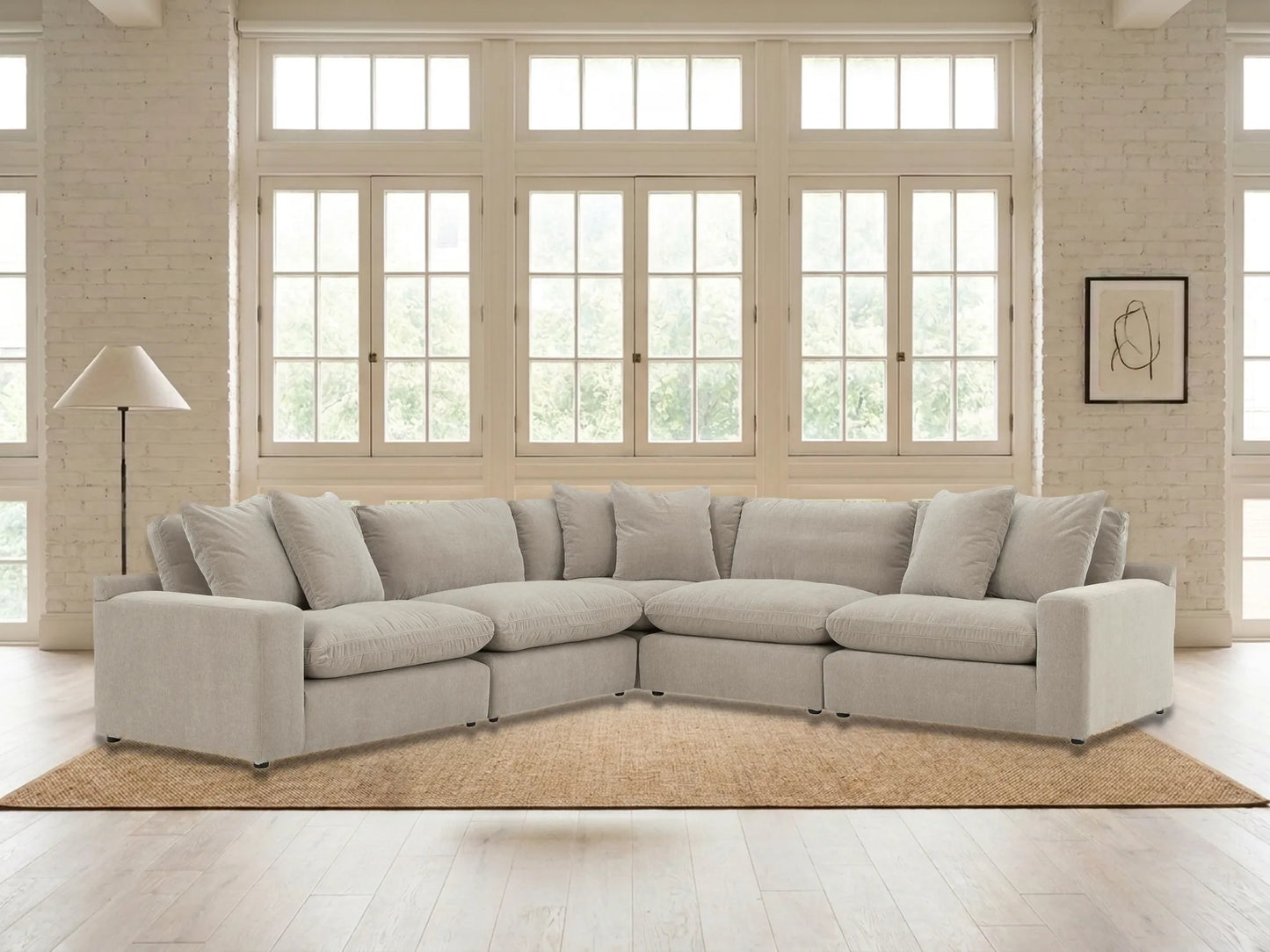 Rowan 5-Piece L-Shape Velvet Modular Sectional in Oatmeal in a living room
