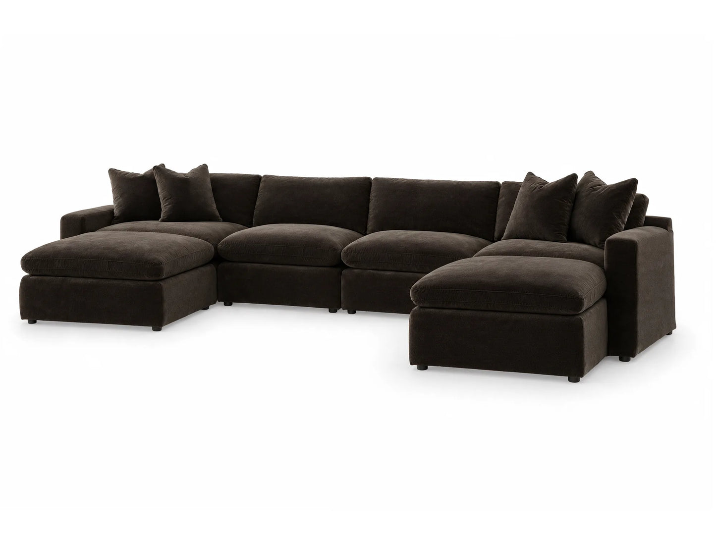 Rowan 6-Piece U-Shape Velvet Modular Sectional in Espresso, angled view from the right on white