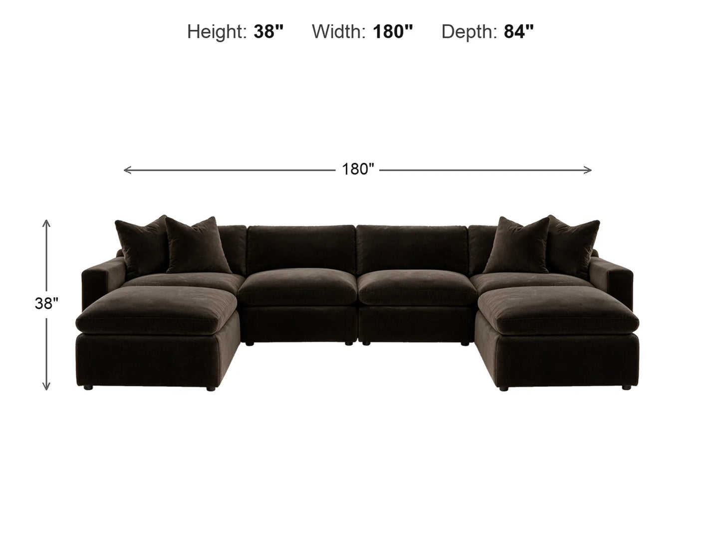 Rowan 6-Piece U-Shape Velvet Modular Sectional dimensions: 180 in W x 84 in D x 38 in H