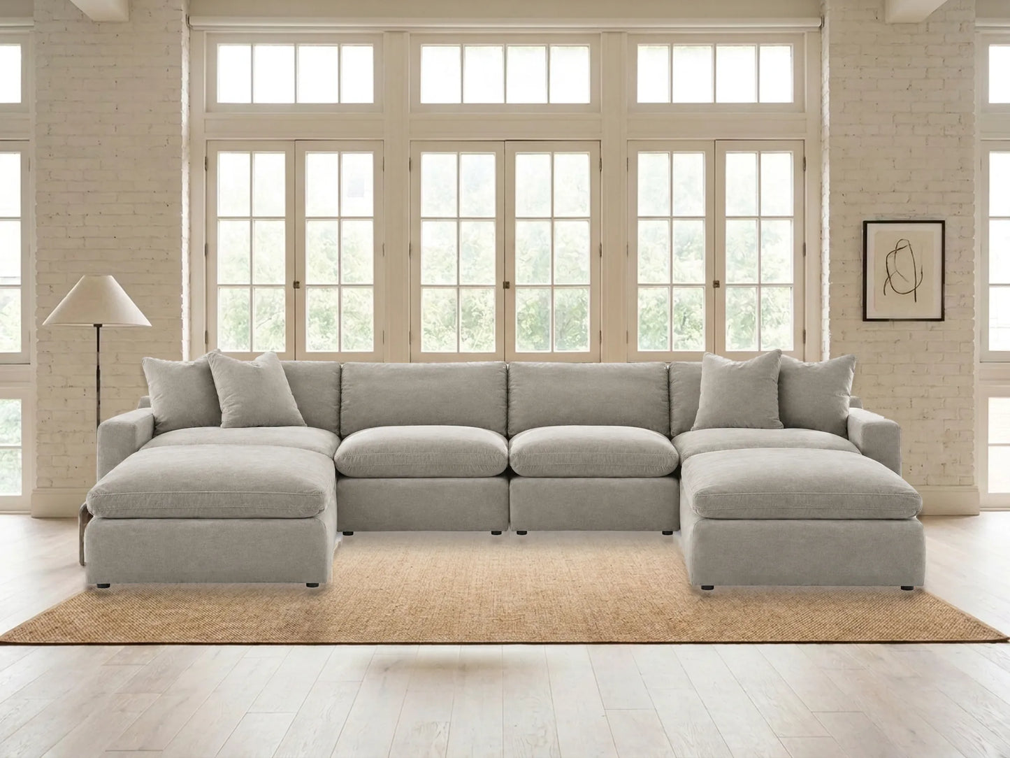Rowan 6-Piece U-Shape Velvet Modular Sectional in Oatmeal in a living room