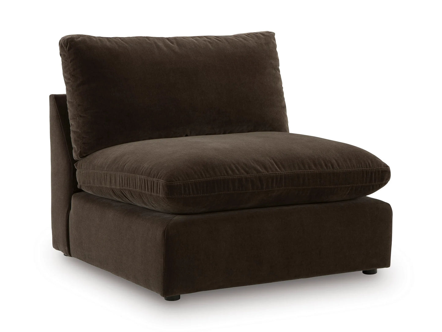 Rowan armless chair module in Espresso velvet, angled view on white
