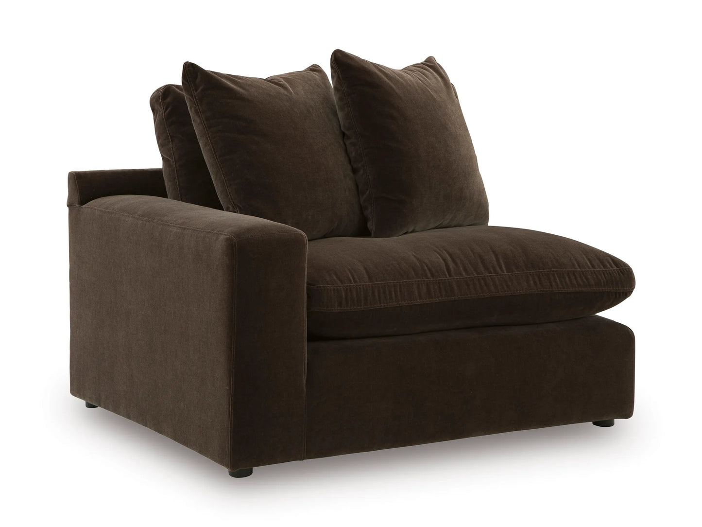 Rowan left-arm corner chair module in Espresso velvet, angled view on white