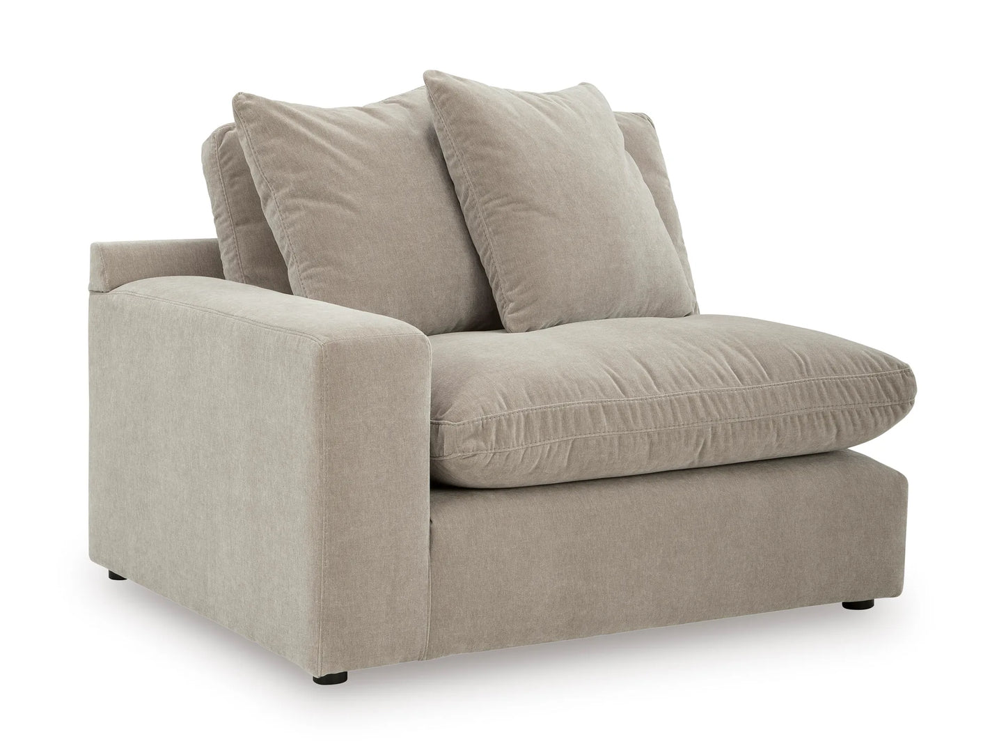 Rowan left-arm corner chair module in Oatmeal velvet, angled view on white