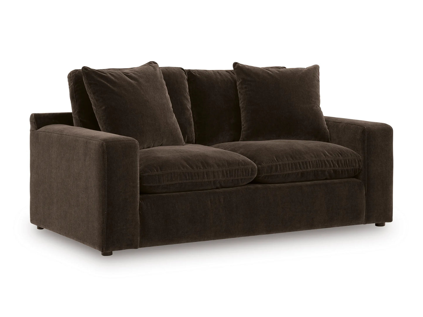 Rowan Velvet Loveseat in Espresso, angled view on white