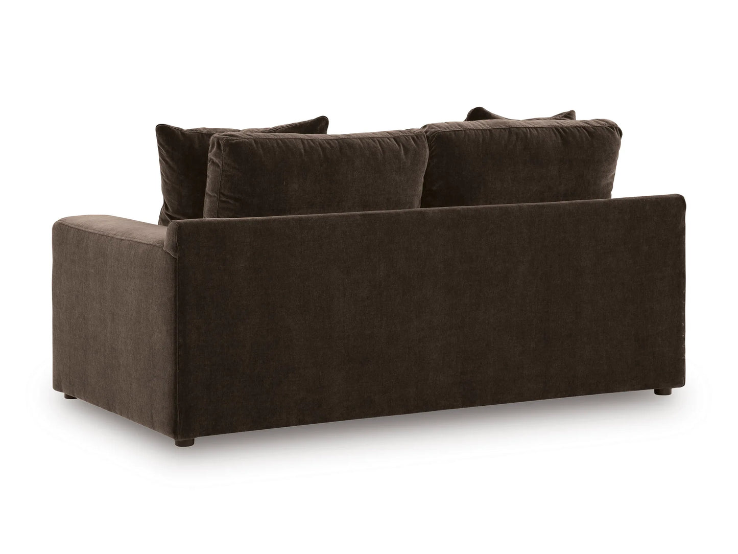 Rowan Velvet Loveseat in Espresso, rear view on white