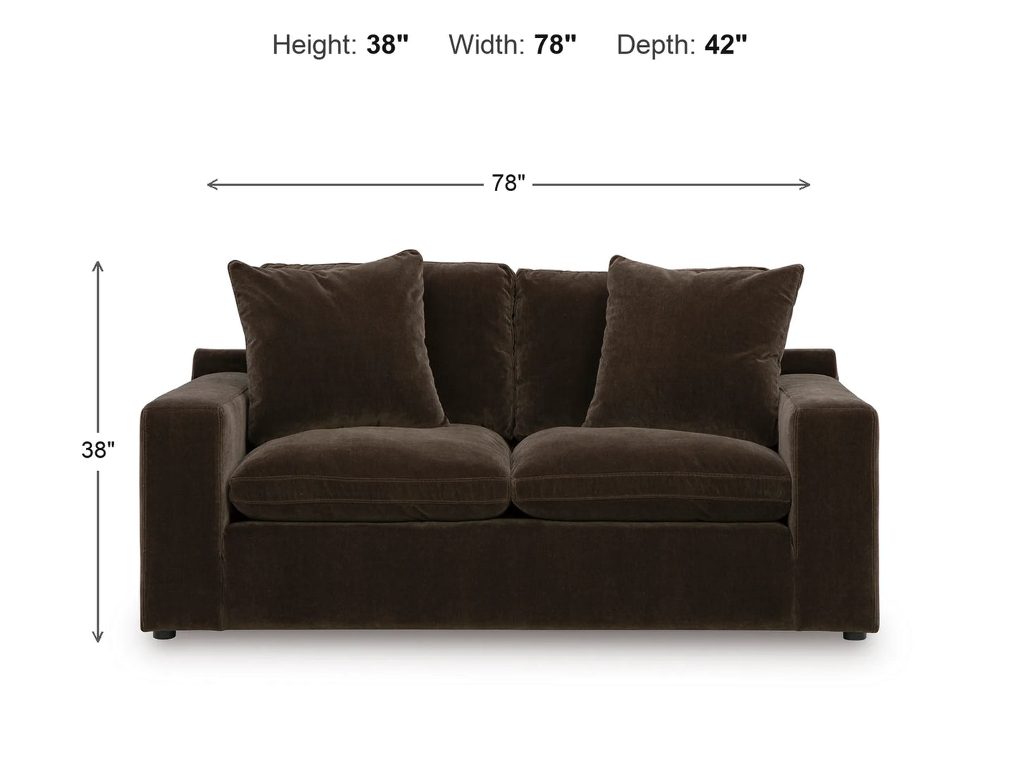 Rowan Velvet Loveseat dimensions: 78 in W x 42 in D x 38 in H