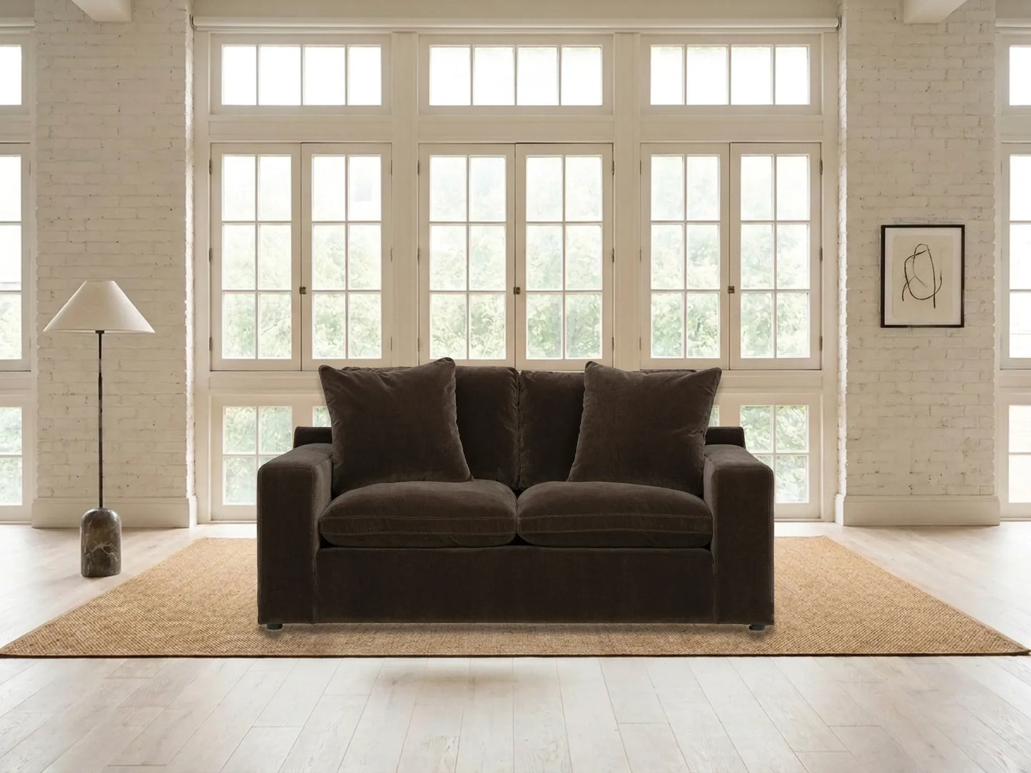 Rowan Velvet Loveseat in Espresso in a living room
